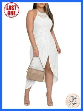 Women's Plus Size Halter Maxi Dress Eyelet Embroidery Tie Neck Sleeveless Lined